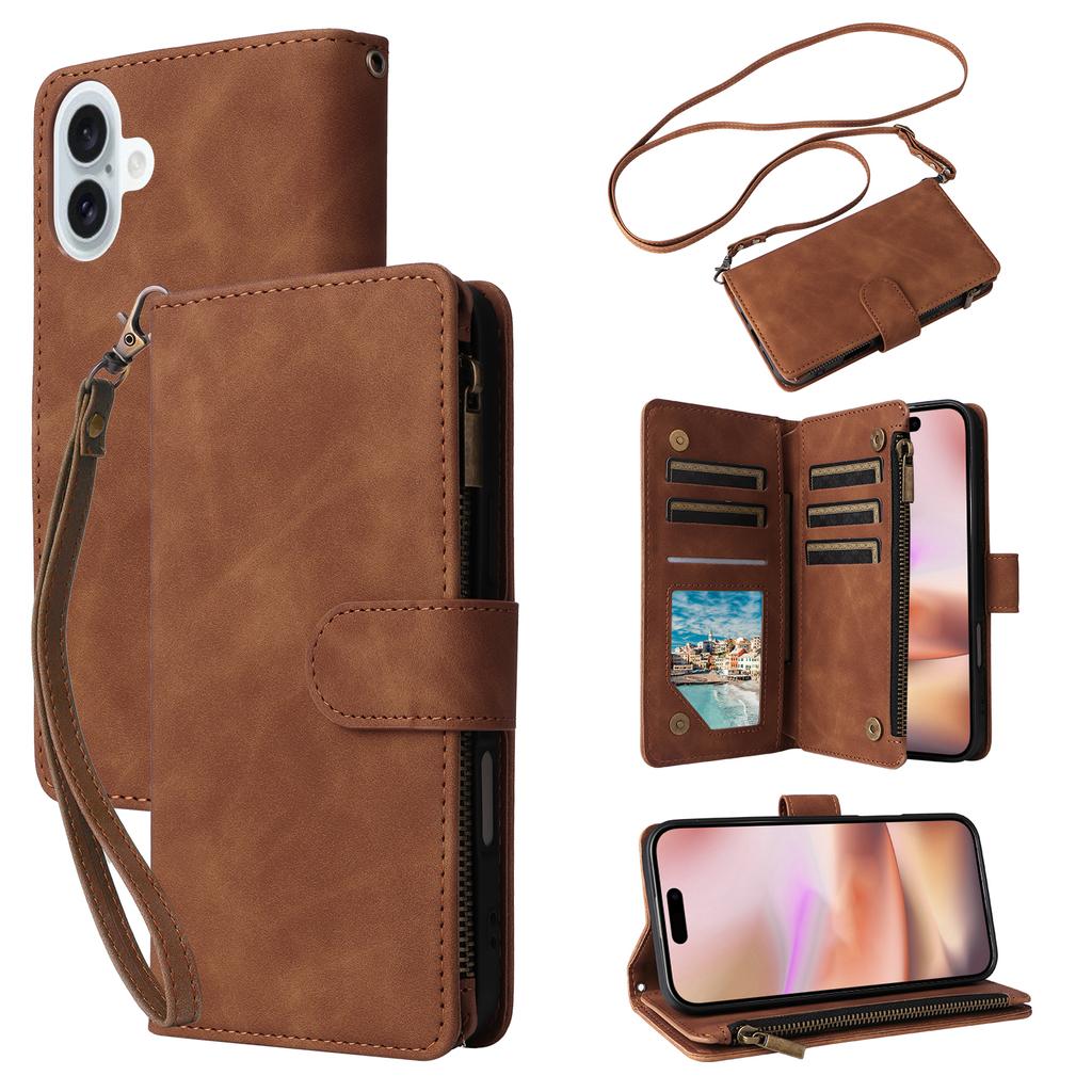 For iPhone 16 Plus Case Zipper Pocket PU Leather Wallet Phone Stand Cover with Strap