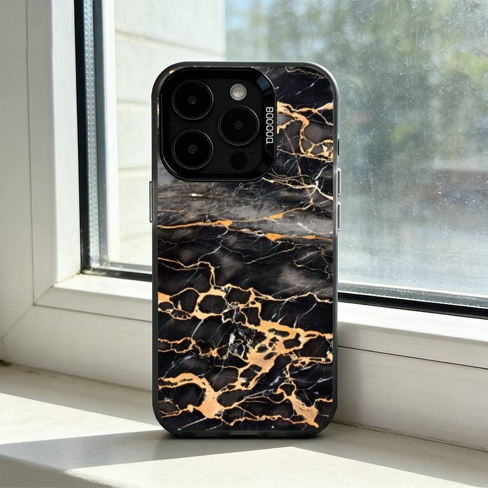 B-Black Gold Marble A-Art Phone Case For iPhone 17,16,15,14,13,12,11 Plus,Pro Max,XS,Colored Silver Plated Inside Cover