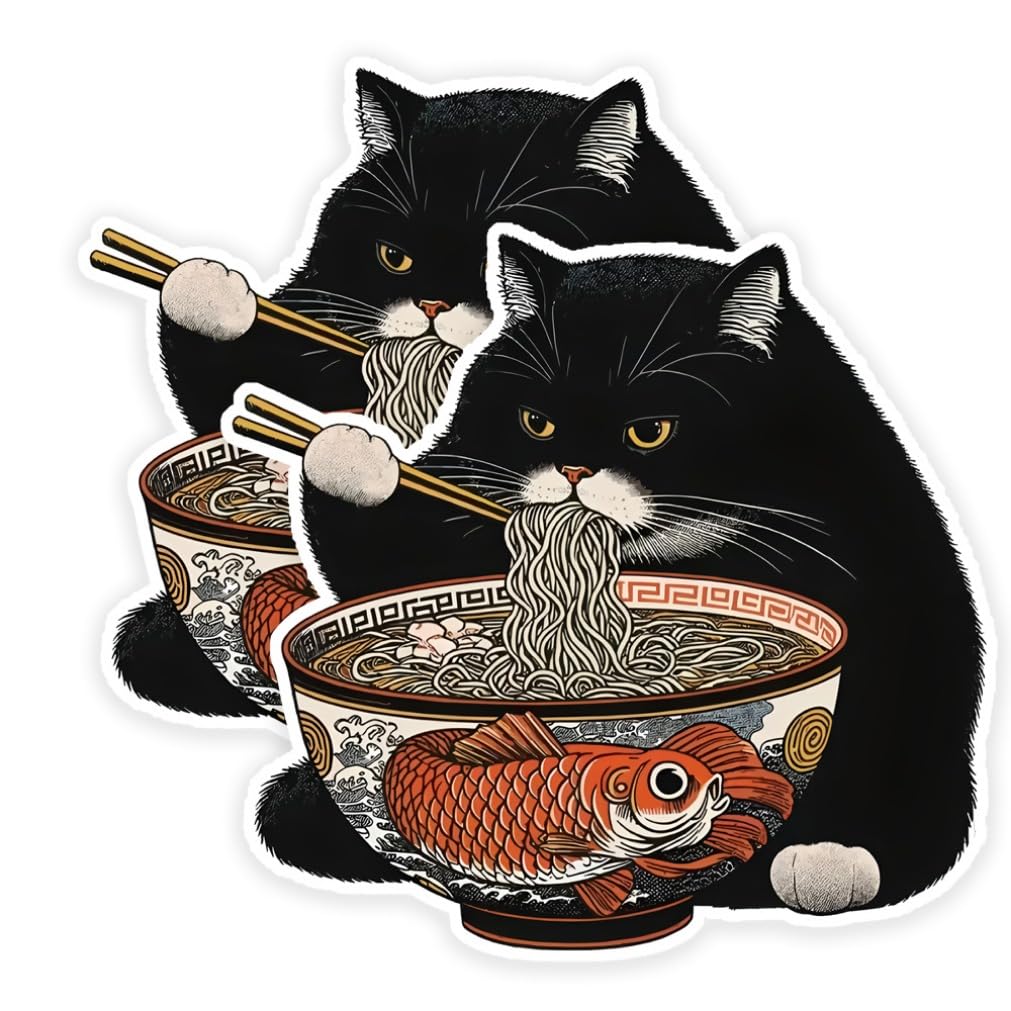 2 Pieces 13x12cm Black Cat Eating Ramen Funny Waterproof Vinyl Car Decal Exterior Decor