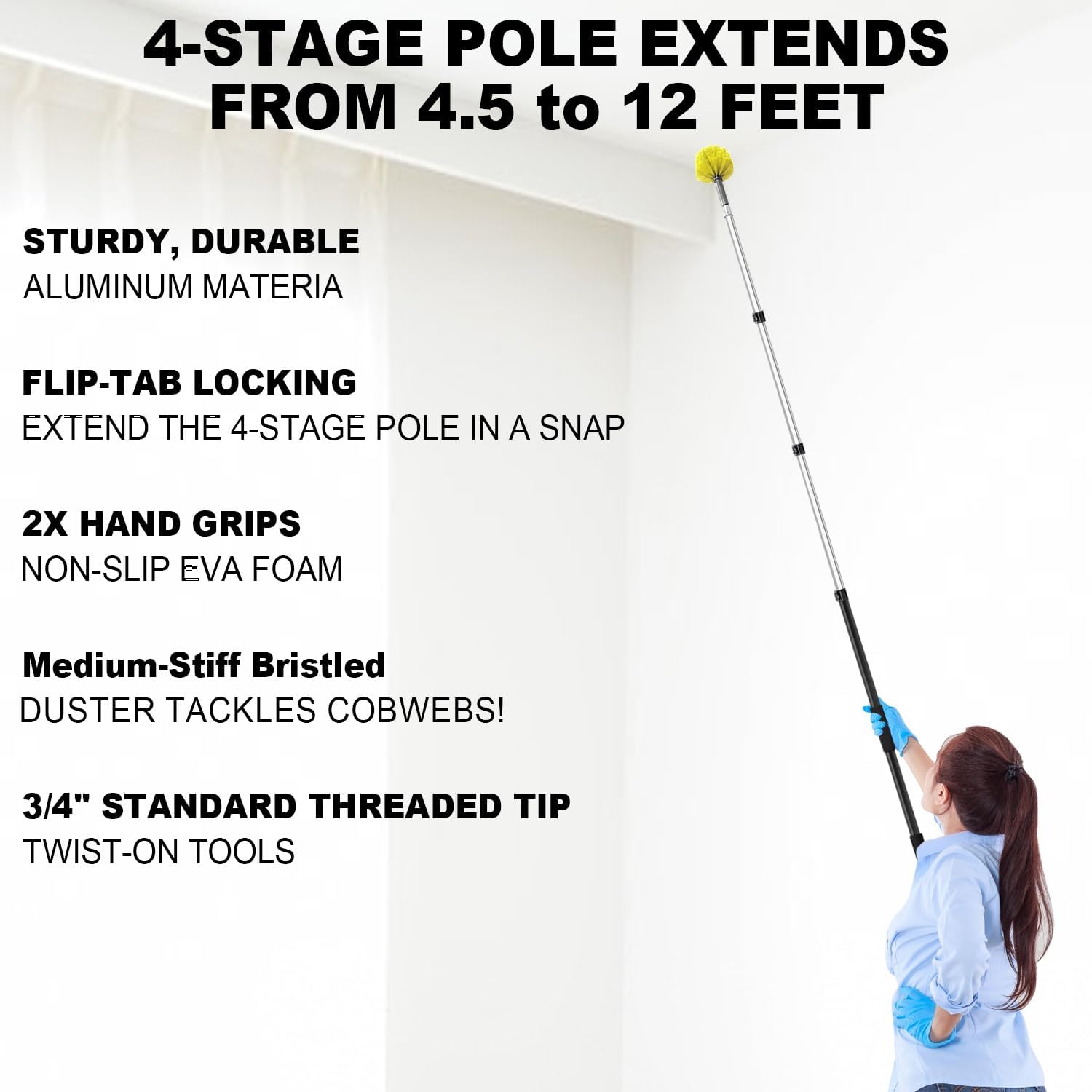 20 Foot Cobweb Duster with Extension Pole, 4-12ft Dusters for Cleaning with Bristles, High Reach Feather Duster for Outdoor Indoor, 4-Stage Spider