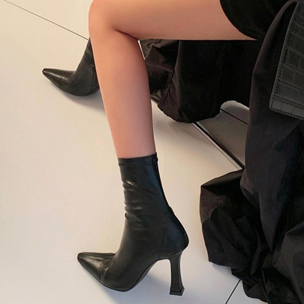 Europe, America, autumn and winter square head high-heeled short boots women's thin heel medium tube elastic boots tide