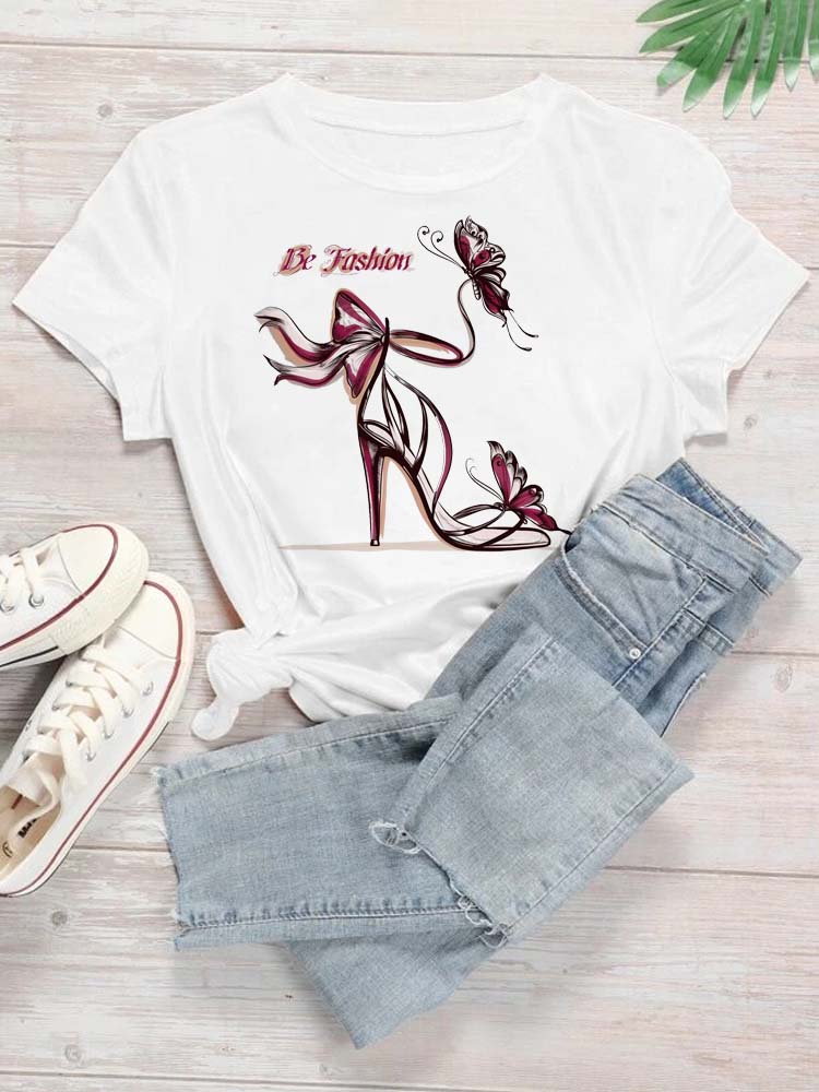 Maycaur New High Heel Wine Glasses Graphic Print T Shirt Women Funny Tshirts Casual White Short Sleeves Tops Tees Feamle Clothes