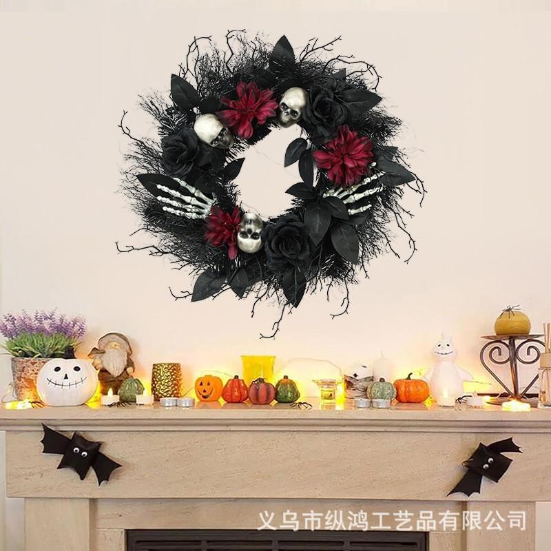 Halloween Wreath Decor With Dried Branches Rose Motif - Plastic Hanging Ornament Party Home Door Decoration