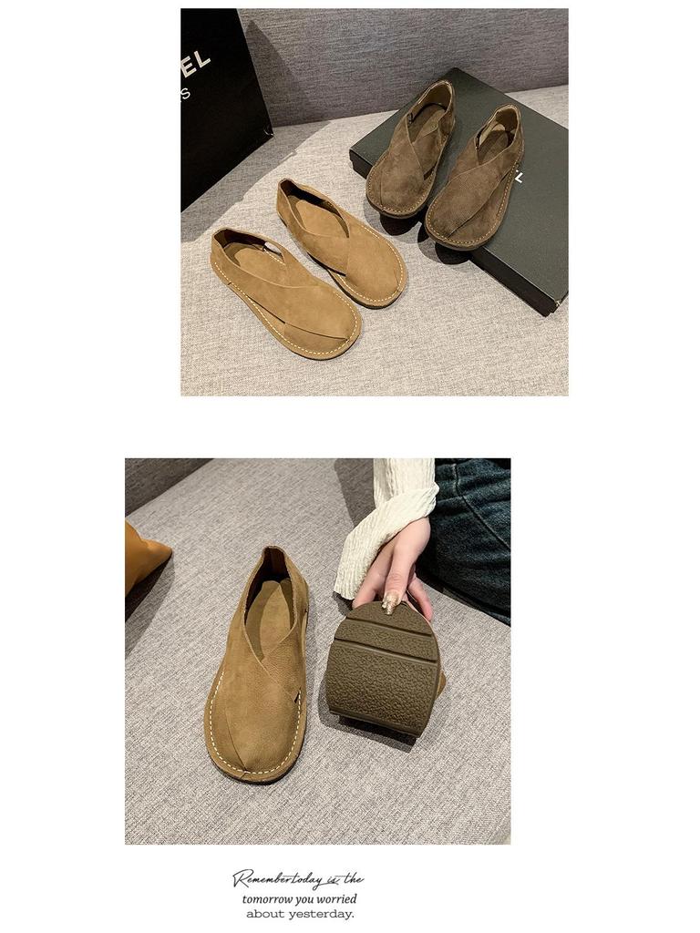 2024 Sommar Mjukt Läder Dam Rund Tå Slip-on Fiskarsandaler, Retrostil, Plusstorlek Finns