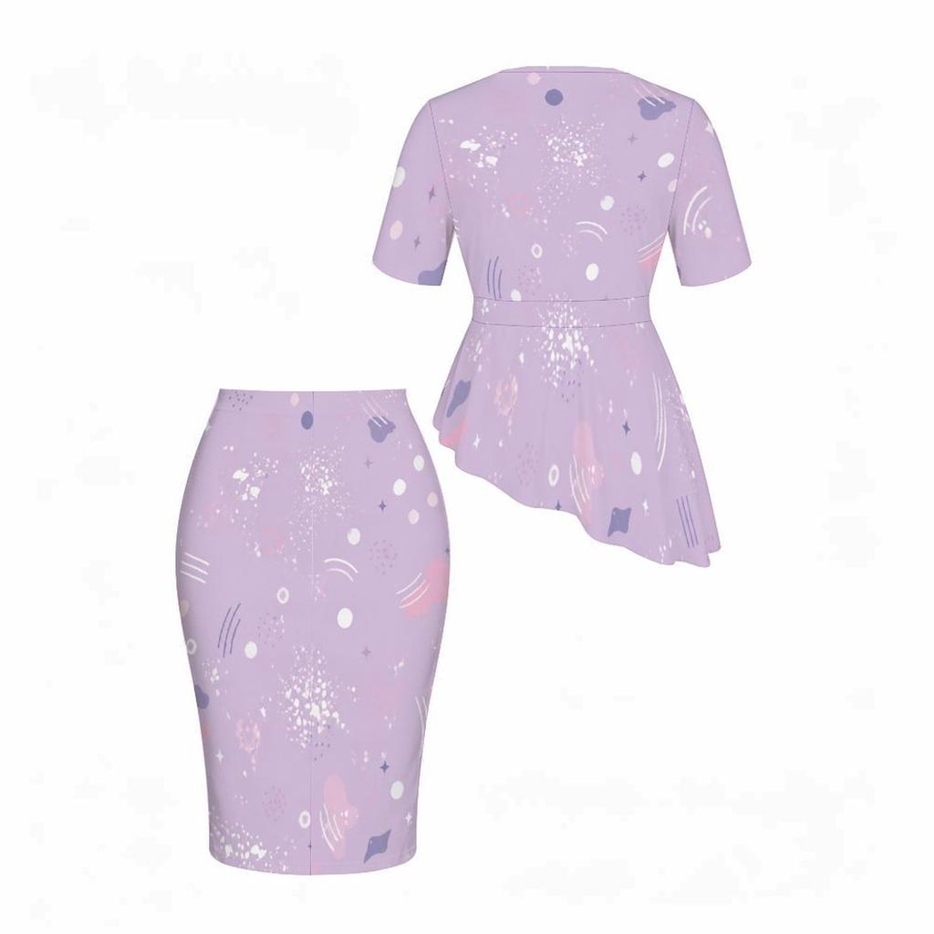 Women Plus Size Halloween Printed Round Neck Short Sleeve Asymmetric Top Fitted Skirt Two Piece Set