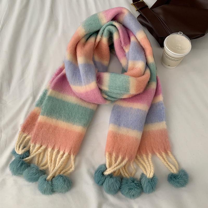 Wind Dopamine Color Stripe Hanging Ball Scarf Warm Student Premium Versatile Scarf