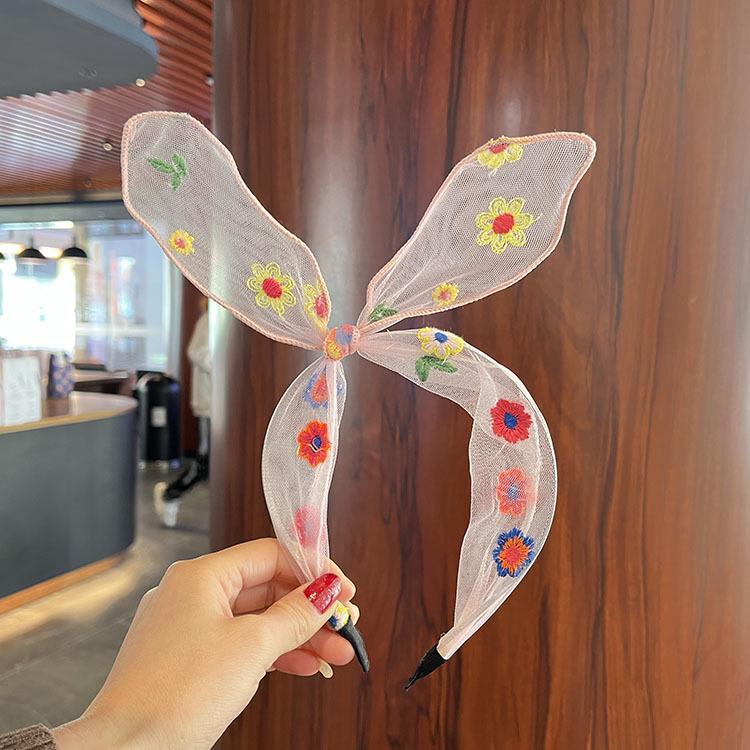 Bandă de păr de vară cu fundă și plasă, brodată cu margarete pentru fete