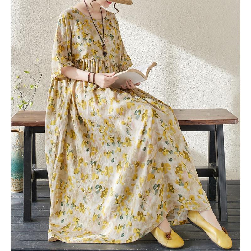 Dimanaf Women Dress Summer Plus Size Beach Sundress Linen Bohemian Print Flowers Fashion Lady Vestidos Loose Casual Long Dress Oversize 9079