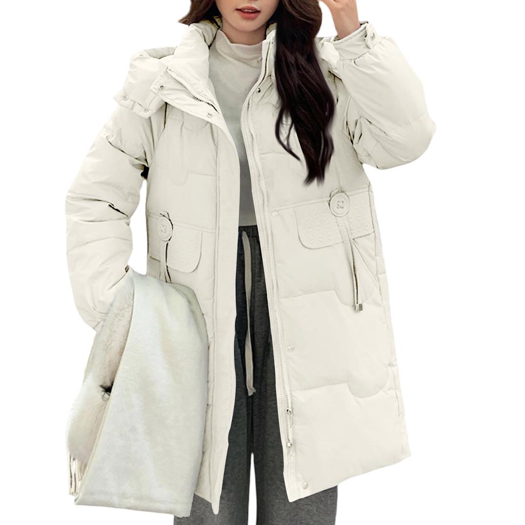 Women's Fashionable Mid-length Down Jacket With Hood And Thick Cotton-padded Coat