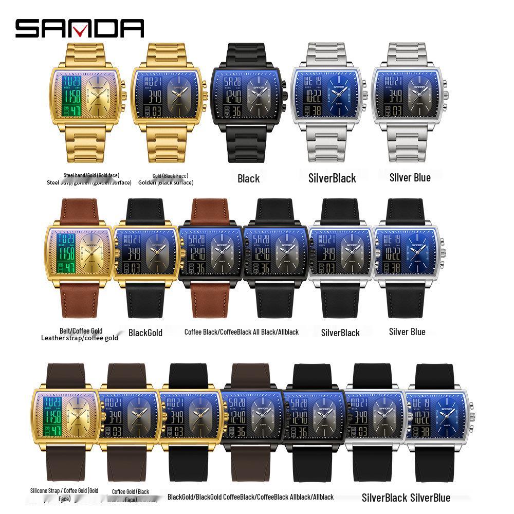 שעון ספורט רב-תכליתי עמיד למים לגברים מבית Sanda עם תצוגה כפולה מסוגננת.