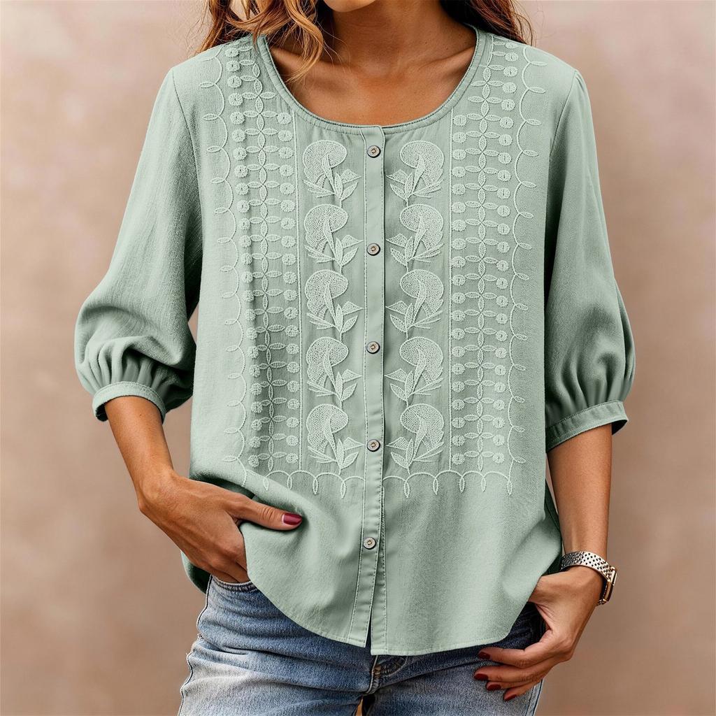 Womens 34 Sleeve Button Down Blouse with Embroidered Floral Pattern Loose Fit Casual Top for Everyday Wear