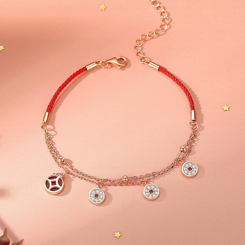 Original Coins Red Rope Bracelet Female Sterling Silver China-Chic Vintage Birthday Double Layer Hand Rope Court Style Copper Coin Handwear
