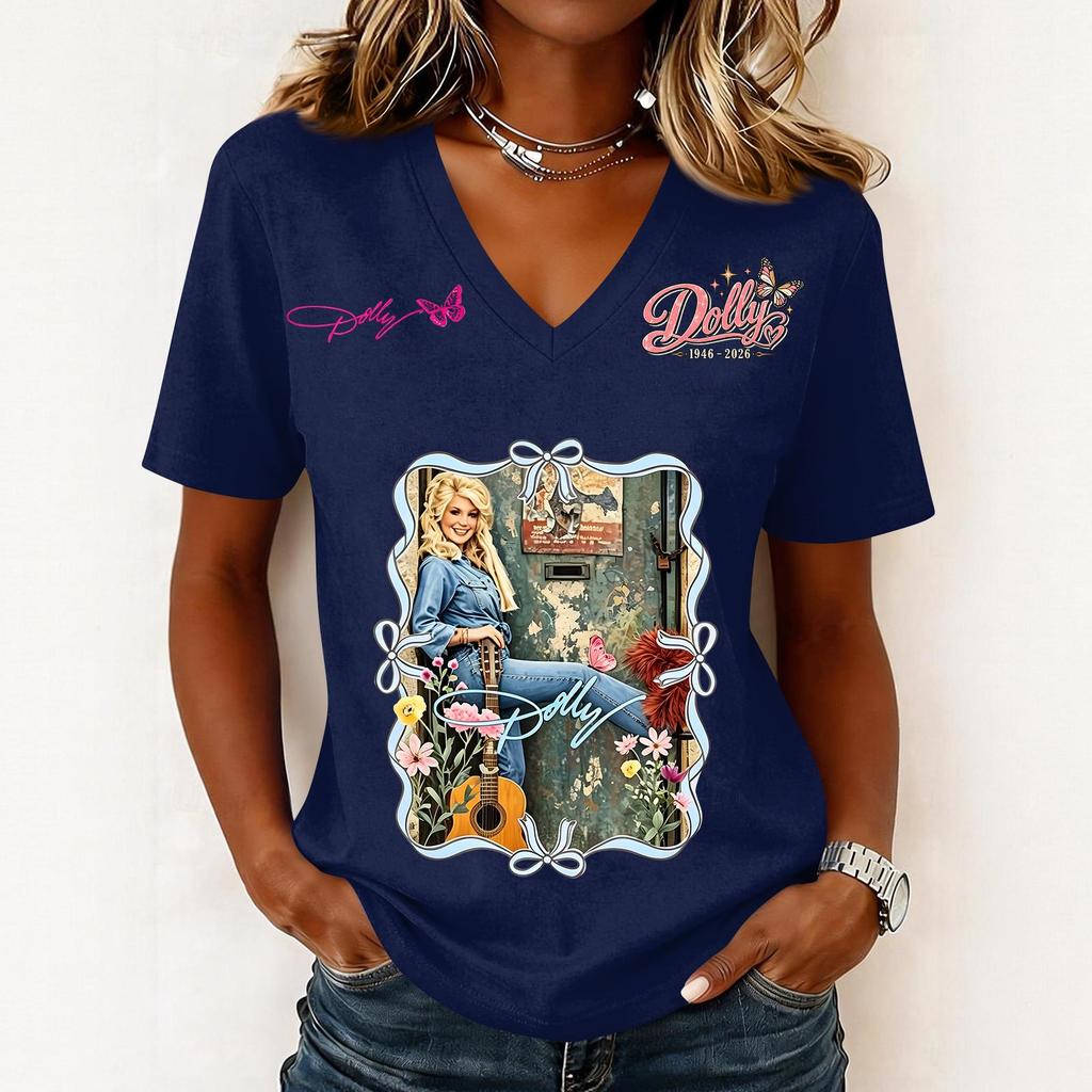 Women's Casual V-Neck Short Sleeve Letter Print Pullover Top for Summer