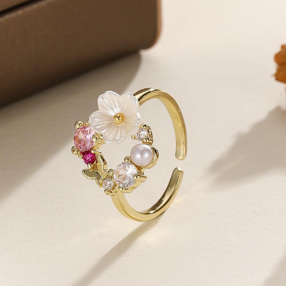 Creative Sweet Garland Micro-inlay Zircon Butterfly Flowers Pearl Open Rings for Women Exquisite Stainless Steel Finger Jewelry