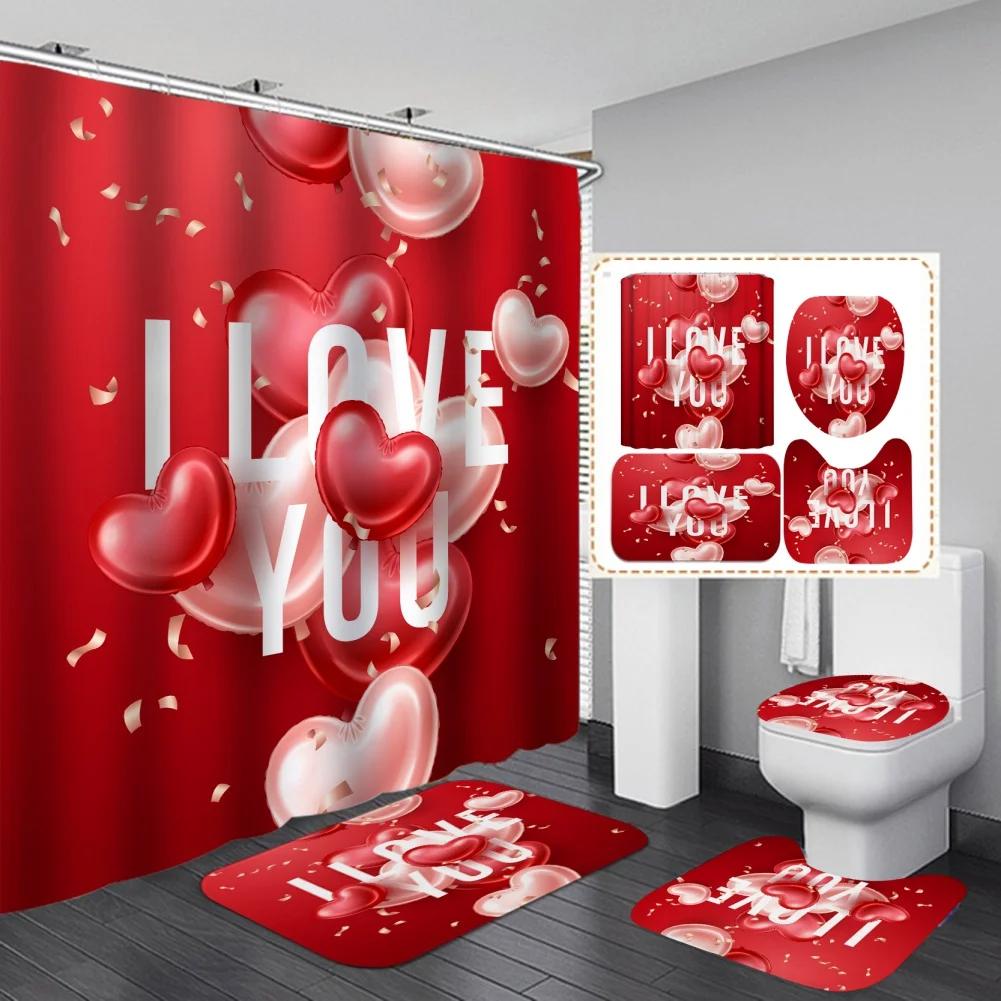 Valentine's Day Bathroom Set Heart Shower Curtain Non-Slip Rugs Toilet Cover U Shaped Bath Mat Red Shower Curtain with 12 Hooks