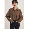 Camisa Feminina Estilo Francês Primavera Outono Nova Marrom Manga Longa Moda Design Top Solto