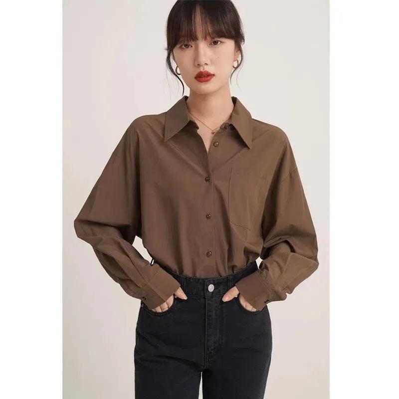 Camisa Feminina Estilo Francês Primavera Outono Nova Marrom Manga Longa Moda Design Top Solto