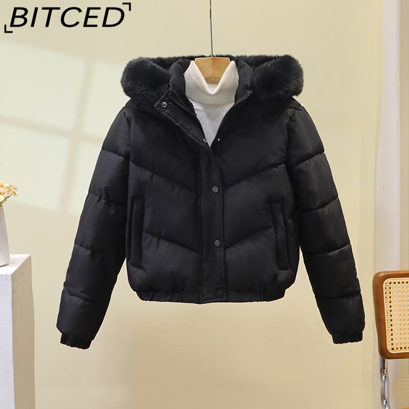 BITCED Plus Size Short Cotton Jacket for Women Winter Puffer Coat with Oversized Fur Collar Versatile Outerwear