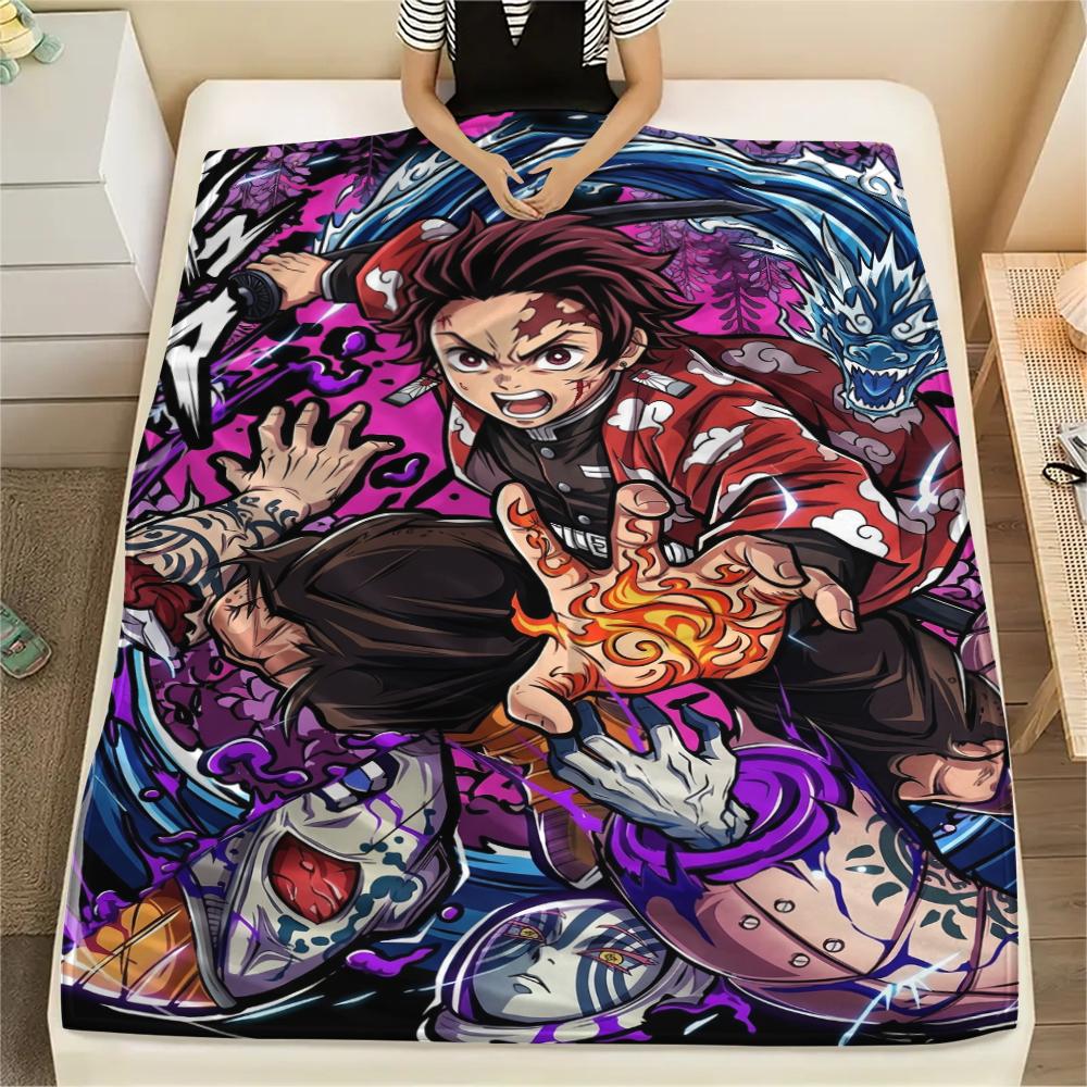 Warm Print Flannel Blanket Demon Slayer Theme Comfortable Throw for Bed Couch Sofa Chair Travel Picnic All-season-Xin