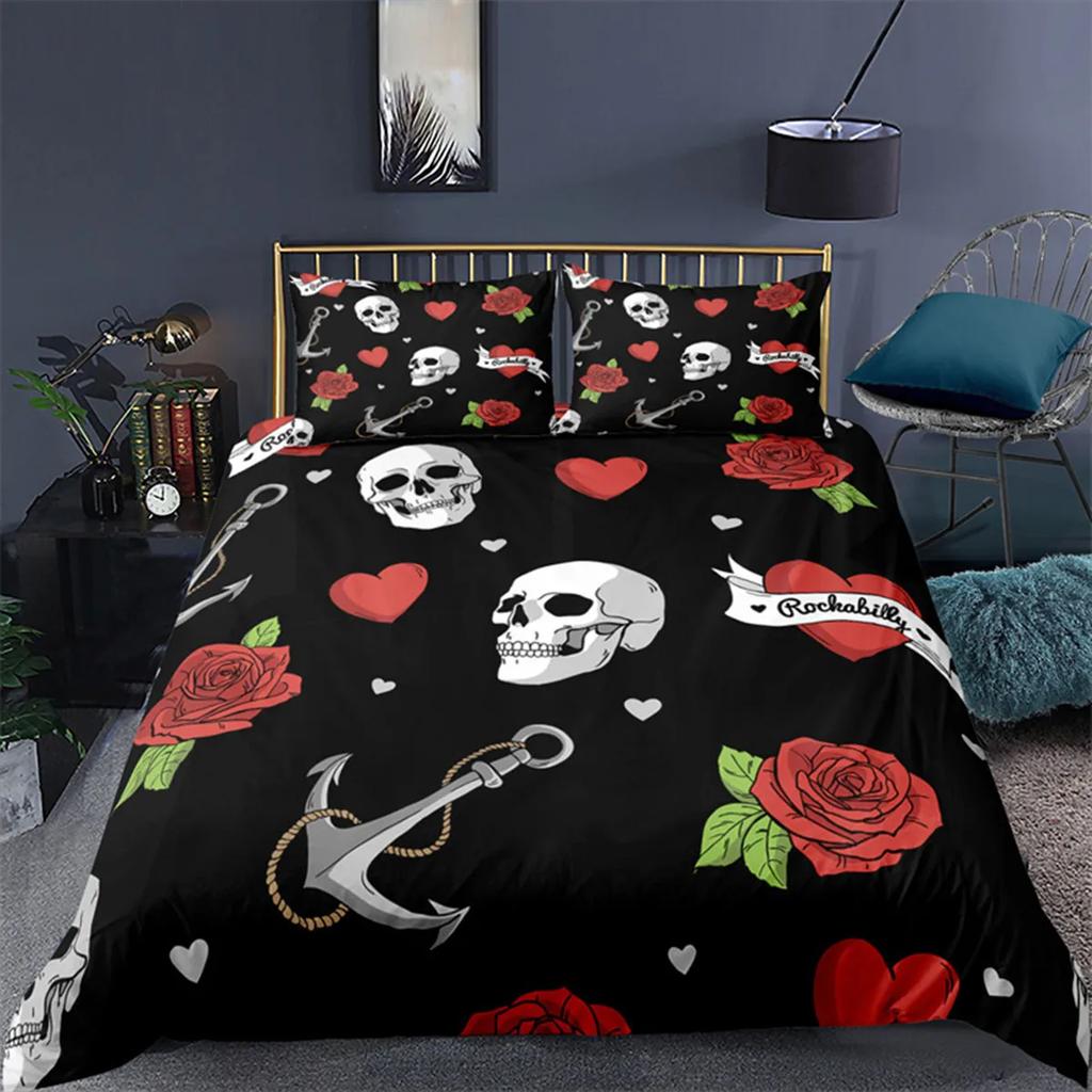 Skull Floral Skull Duvet Cover Full Size Gothic Skull Rose Bones Skeleton For Kids Women Men Red Black For Bedroom Decorations