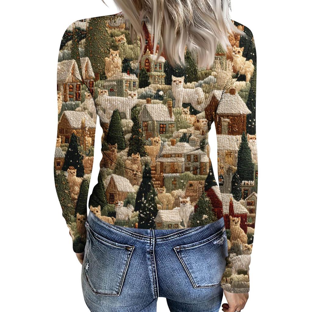 Camiseta de Fondo Delgado para Mujer Moda Casual Estampado Degradado Cuello Redondo Jersey Manga Larga Top