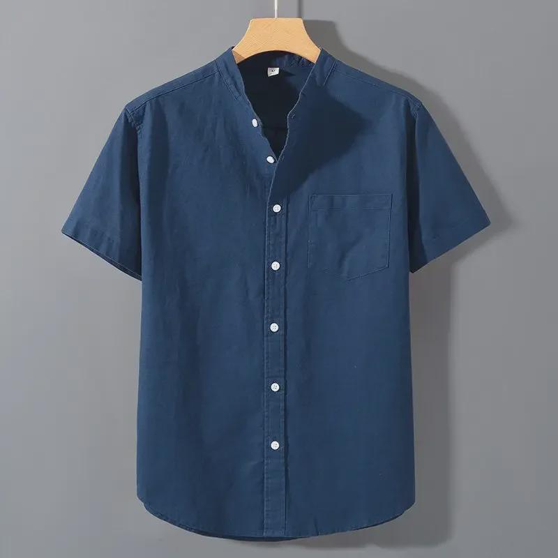 Men's Summer Cotton Linen Short Sleeve Shirt - Solid Color Casual Stand Collar Top