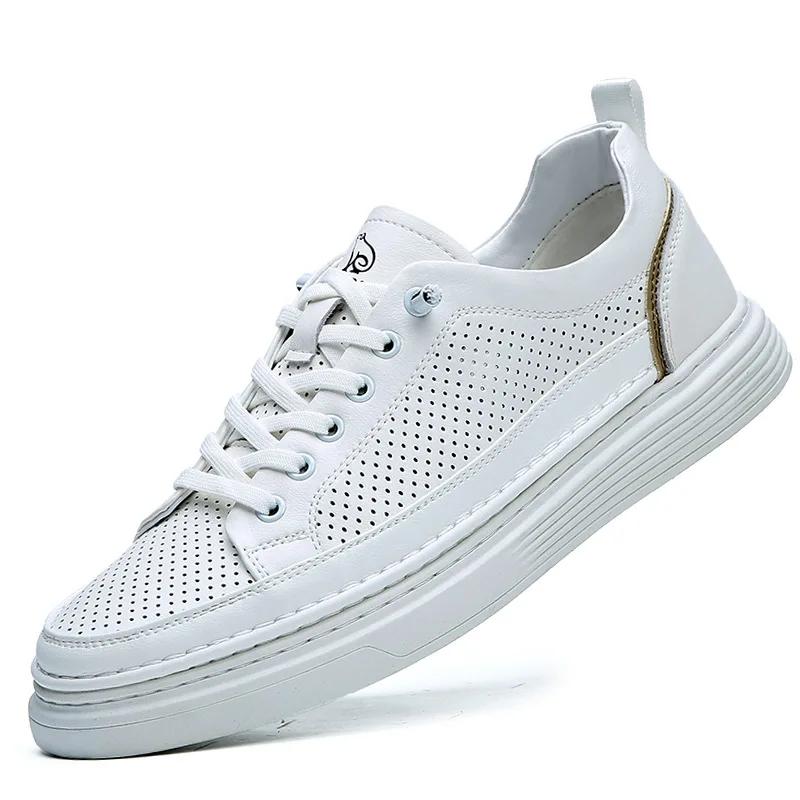 

New Men Genuine Leather Casual Shoes Breathable Microporous Flat Skate Shoes Lace-up Sneaker 44 білий