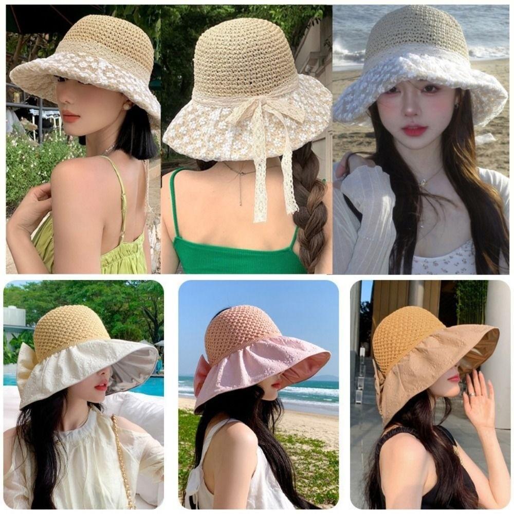 New Foldable Summer Beach Vacation Hat Colorful Lace Straw Sun Hat Women Crochet Straw Bucket Hat
