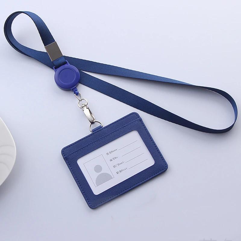 Retractable Lanyards ID Badge Holder Leather Bank Bus Pass Card Case Cover Men Women's Bank Credit Card Holder Strap Cardholder