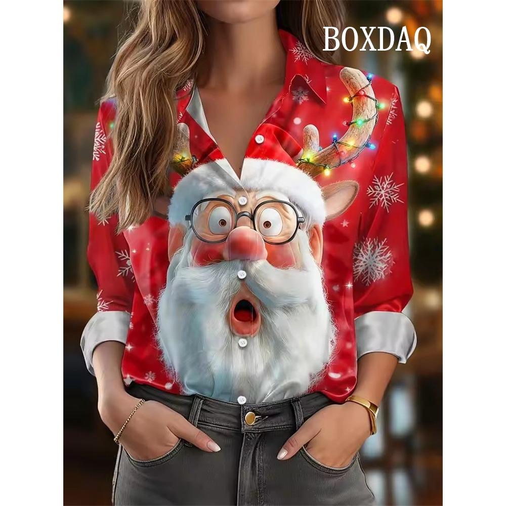 Women's Christmas Blouse Cute Funny Santa Blouse Elegant Fashioin Long Sleeve Shirt Casual Lapel Holiday Wear Fall Winter Daily
