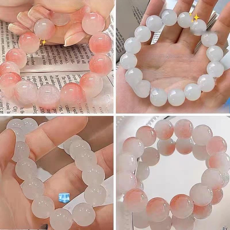 Ice Transparent White Jade Glass Bracelet with Fingers Wrapped In Soft Gradient Pink Bracelet