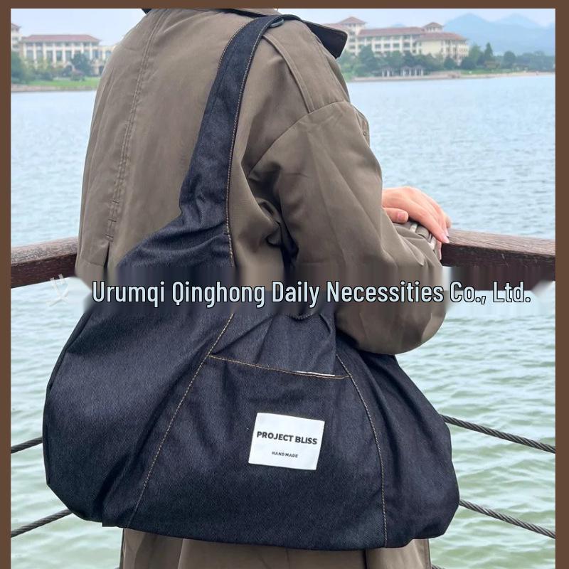 Джинсовая сумка-тоут в стиле Гонконга, веерообразной формы, - Вместительная сумка для модных поездок на работу 46x26 cm (LxH), Handle Height 30 cm