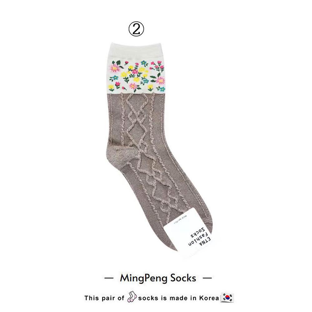 

Корейские хлопковые женские носки до середины икры - Цветочный ретро-дизайн Etna для осени/зимы One Size (35-40)