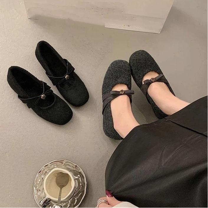 Autumn And Winter Retro Velvet Soft Soled Women's Shoes With Bow Tie Single Shoes