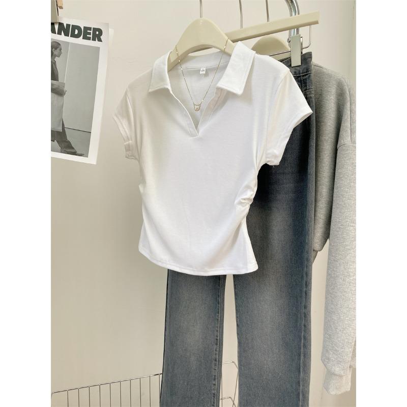 

Летний плиссированный облегающий топ с короткими рукавами и застежкой на талии с футболкой с открытыми плечами в качестве базового слоя 2XL белый