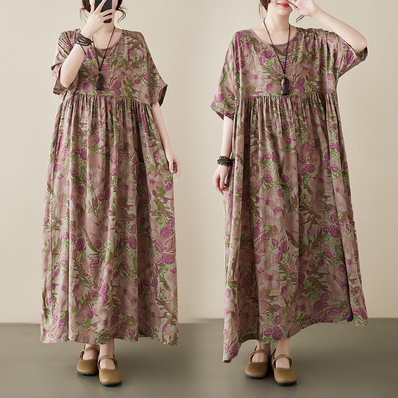 DIMANAF 2024 Plus Size Summer New Long Dress Beach Women O-Neck Floral Print Holiday Fashion Casual Loose Lady Dresses 675