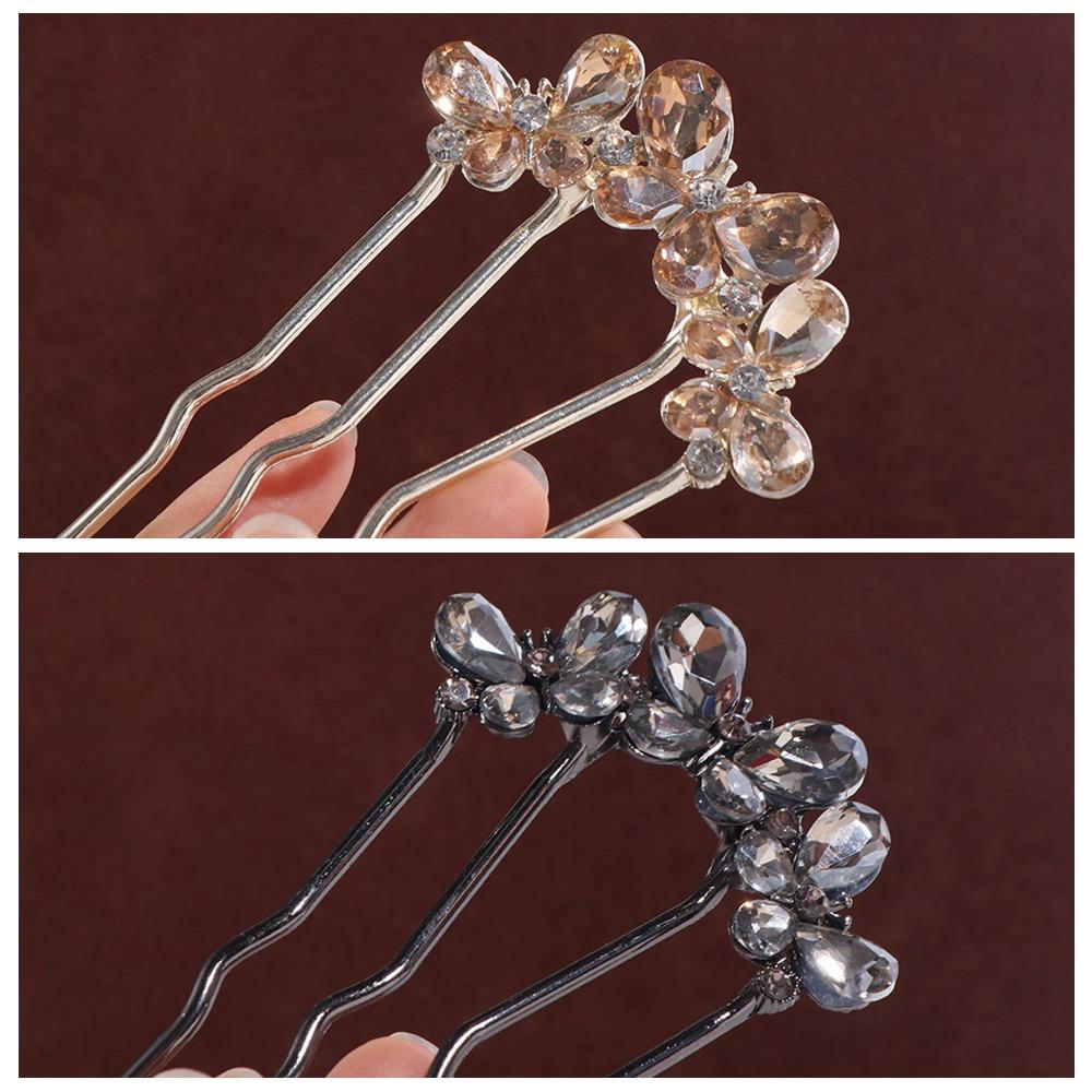 Geometric Toothed Insert Comb Rhinestone U-shaped Hair Clip Temperament Butterfly Hairpin  Bride