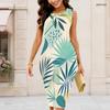 Women Plus Size Round Neck Sleeveless Tropical Leaf Printed Bodycon Midi Dress