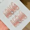 10Pcs Handmade Shimmery Pink Cat Eye Fake Nails with Sparkling Rhinestone Accents