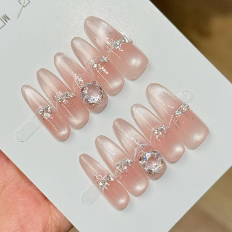 10Pcs Handmade Shimmery Pink Cat Eye Fake Nails with Sparkling Rhinestone Accents XS