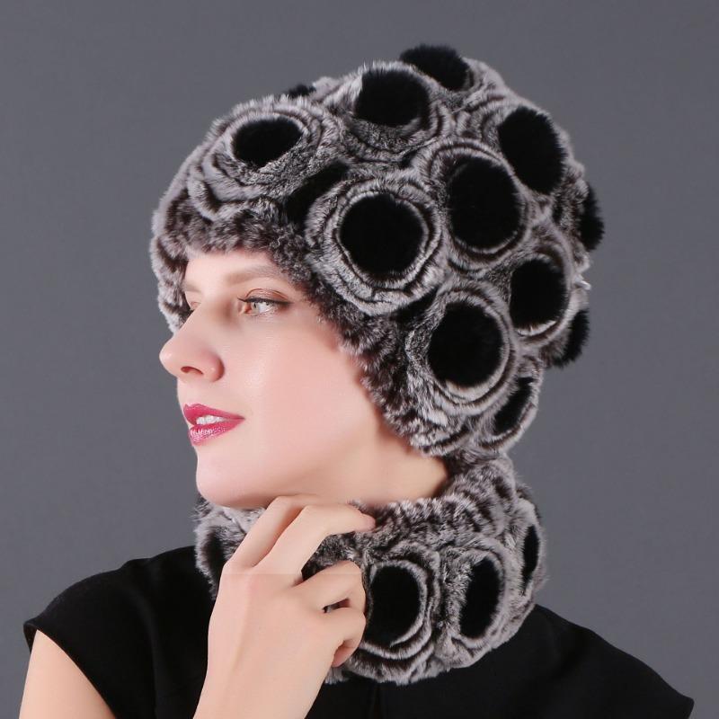 Rex Rabbit Rose Hat and Flower Scarf Set Specializing in the production of Rex Rabbit Scarf Hat Two-piece Adult Hat