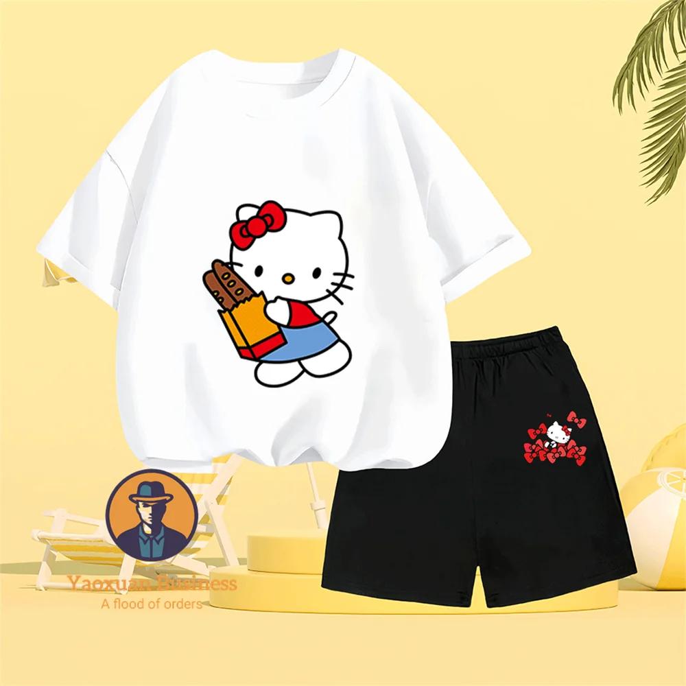 Loose and comfortable Hello Kitty cartoon crew neck two-piece summer set for kids