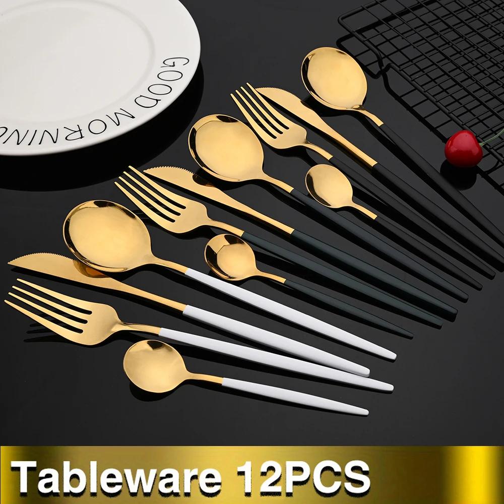 12Pcs Mirror White Gold Cutlery Set Stainless Steel Tableware Knife Fork Coffee Spoon Dinnerware Set Kitchen Flatware Silverware