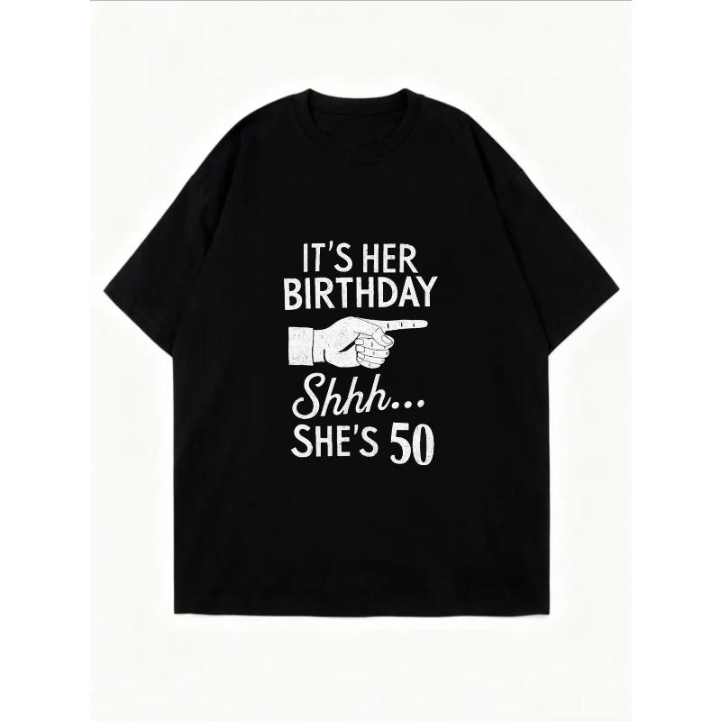 White Oversized T-Shirt With Birthday Shh She's 50 Graphic Print For Casual Wear And Celebrations