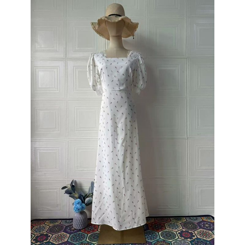 

Fashion Style Silm Lace Printing Elegance Lace Square Collar Dress Female Printed Slim Fit Dress White XL