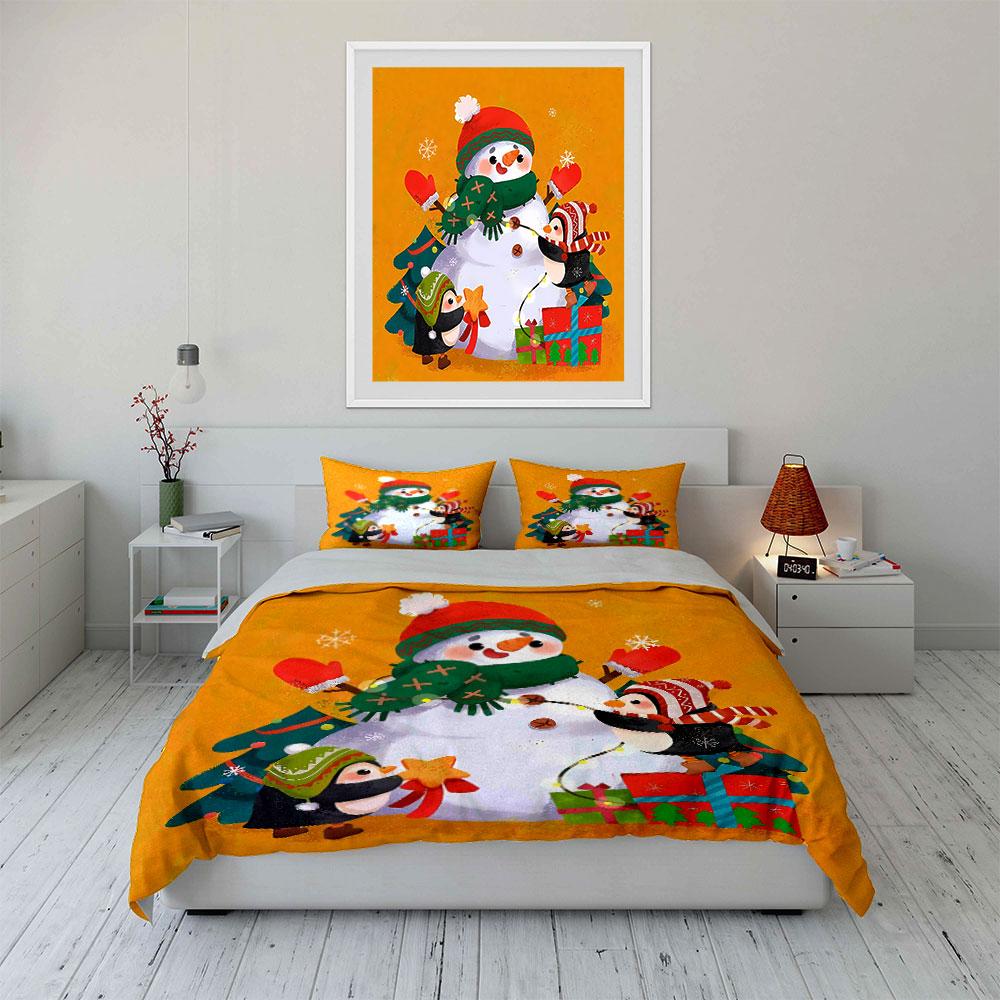 Snowman and Penguins Holiday Set Bedding Duvet Cover Set Duvet Cover Pillowcases (1*Duvet Cover 2*Pillowcases, without duvet insert)