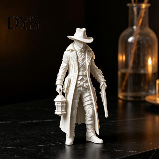 Matte Black Ornament 3D Printed Gothic Lantern Hunter Figurine, Dark Cloaked Man Statue Durable Static Figure with Cape for Halloween, Spooky