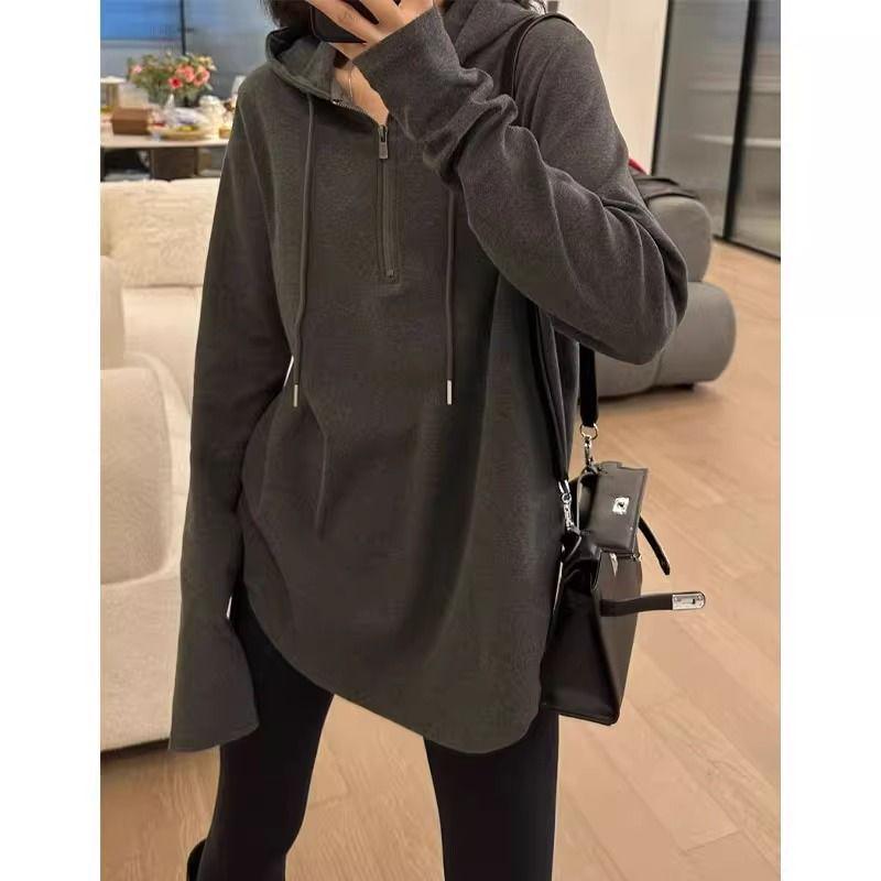 Women's Dark Gray Hooded Long-Sleeve Loose-Fit Half-Zip Top for Autumn/Winter