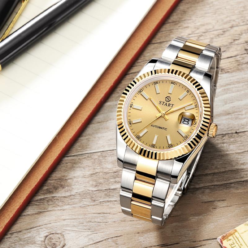 Start Mechanische Herrenuhr mit Kalenderfunktion, wasserdichte Uhr, leuchtendes Skala-Zifferblatt, goldene Uhr