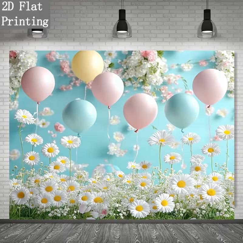 2D Pastel Balloon and Daisy Backdrop with Blue Background Cloth